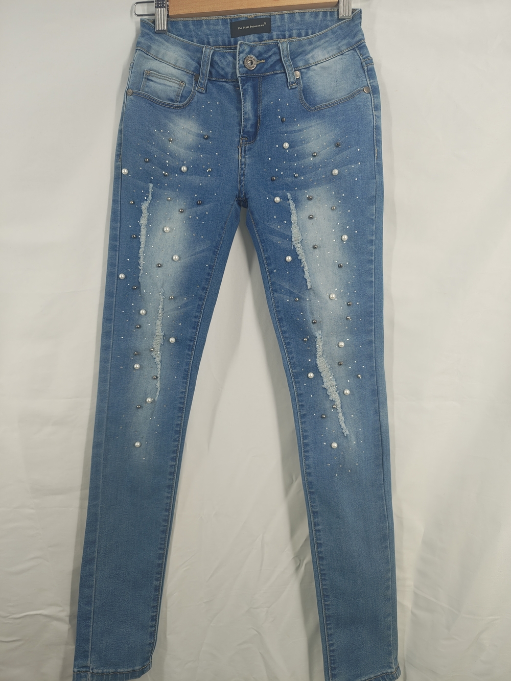 Pearl & Rhinestone Light Blue Skinny Jeans - Womens